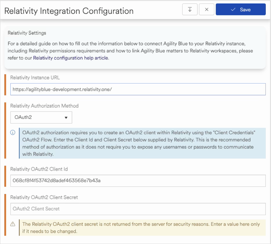 Configuration settings for Relativity integration, including OAuth2 client details and URL.